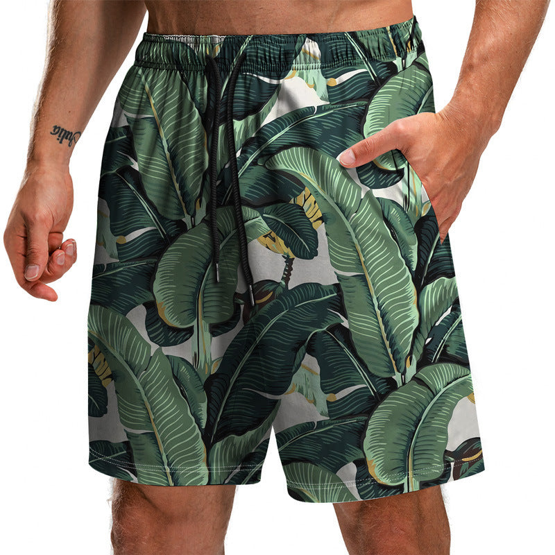 Summer New Leaf Series 3D Printed Shorts Loose Beach Pants Fashion Casual Shorts Men