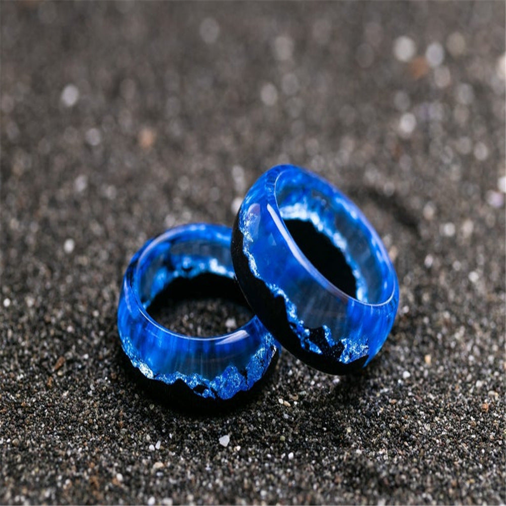 New Resin Wood Snowscape Starry Sky Aurora Personality Ring Fluorescent Secret Wood For Women Men Unusual Decoration Jewelry