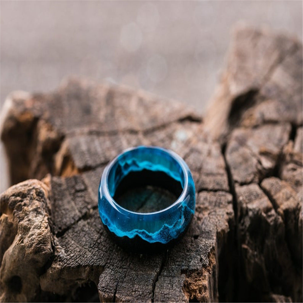 New Resin Wood Snowscape Starry Sky Aurora Personality Ring Fluorescent Secret Wood For Women Men Unusual Decoration Jewelry