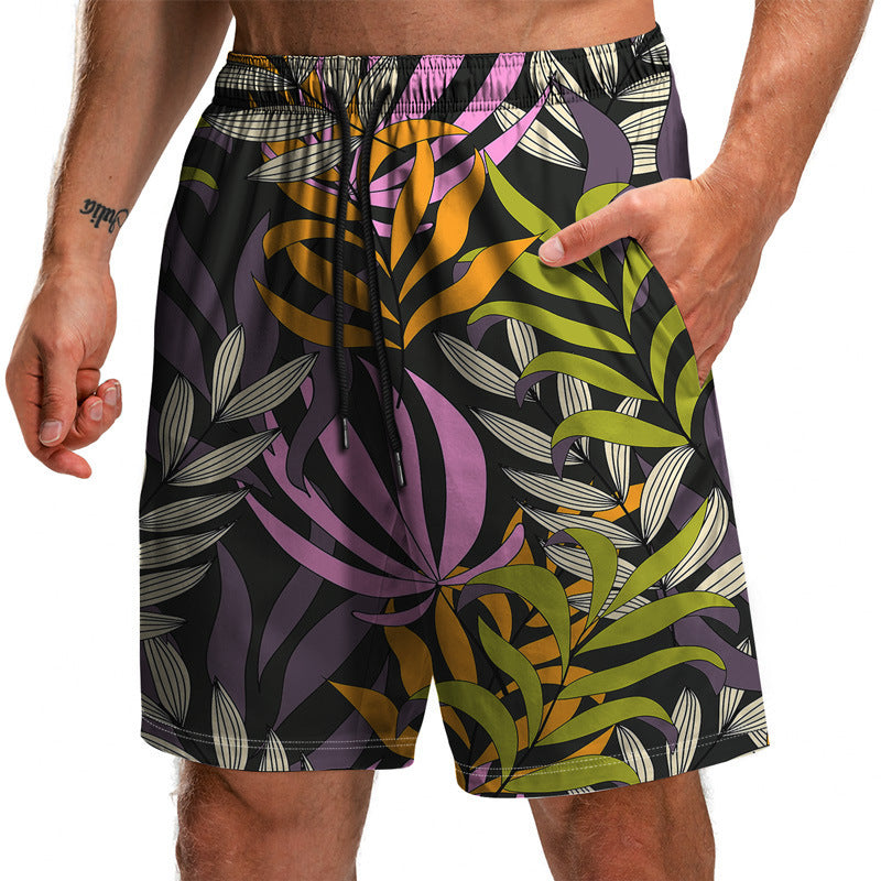 Summer New Leaf Series 3D Printed Shorts Loose Beach Pants Fashion Casual Shorts Men